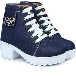 Women's Denim Heel Boots with Bow Buckle - Stylish Lace-Up Canvas Boots for Casual Elegance