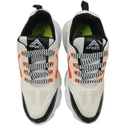Sports Unisex Casual Walking Shoes, White and Black with Orange Accents, Breathable Mesh Upper, Zigzag Pattern Laces