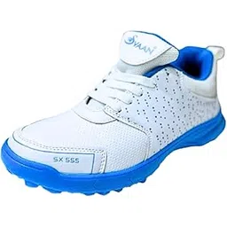SX 555 Cricket Shoes, Lightweight Sports Footwear, White and Blue, PVC Material Improved Stability in The Game