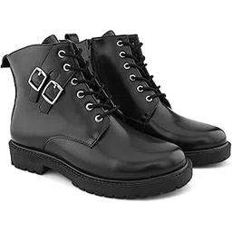 Ironhide Black Combat Double Buckle Faux Leather Lace-Up Ankle Boots with Side Zipper, Rugged Anti-Slip Sole – Stylish Biker, Casual & Outdoor Wear Shoes for Women