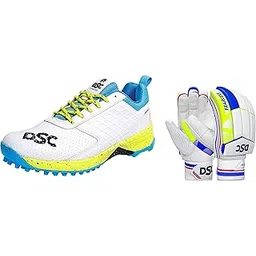 DSC Jaffa 22 Cricket Shoes for Men and Boys UK-10 White/Lime-Yellow & DSC Intense Attitude Leather Cricket Batting Gloves for Mens, Size - Mens, Right Hand