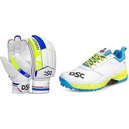 DSC Jaffa 22 Cricket Shoes for Men and Boys UK-8 White/Lime-Yellow & DSC 1500398 Intense Attitude Men's Polyester Cricket Right Batting Gloves (Colour May Vary)