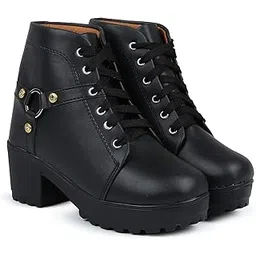 Woomen s Boots Shoes High Neck Fashion Casual Boot High Ankle Heel for Girls Boot (Size UK6, Black)