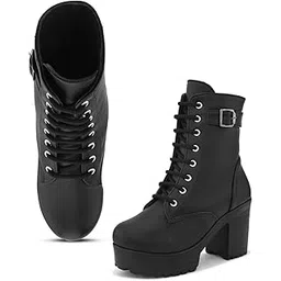 100% Vegan Leather Women's Lace-Up Chunky Heel Ankle Boots with Buckle Detail | Trendy, Lightweight, Stylish, Comfortable and Soft, Trendy Heel Boots for Girls & Women
