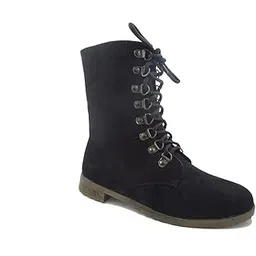 Biker Casual Low Calf Length Boots in Black Suede & Vegan Leather with Riveted Metal Loops.
