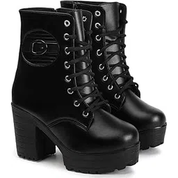 Women's Round Toe Boots Buckle Lace Up Chunky, Block Heel Boots for Women & Girls