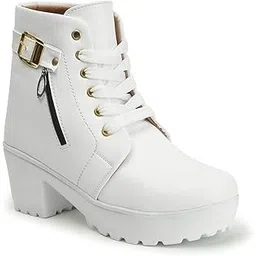 Women's Embellished Block Heel Boots | Luxury Synthetic Leather Booties with Zip and Buckle Detailing