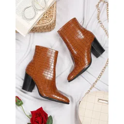 pelle albero Women Pointed Toe Mid Top Textured Block Heel Boots