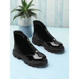 The Roadster Lifestyle Co. Women Black Mid Top Platform Heel Chunky Boots With Zip