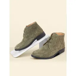 FAUSTO Men Olive Green Solid Suede Leather High Ankle Chukka Boots