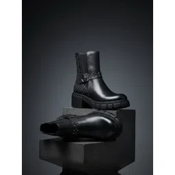 EZOK Women Textured Cushioned Footbed Block Buckle Chelsea Boots