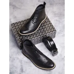 LOUIS STITCH Men Jet Black Mid-Top Egyptian Crust Leather Lace-Up Brogue Chukka Boots