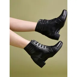 Shoetopia Women Round Toe Lace-Ups Block Regular Boots