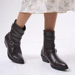 High Ankle Flared Heel Buckle Strap Zipper Closure Boots for Winter|Dress Boot Boots For Women
