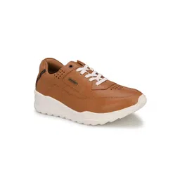 MONDAIN Men Tan Perforations Leather Sneakers