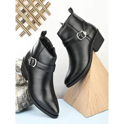 Black Pointed Toe Buckle Closure Boots For Women