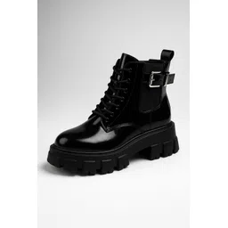 Black Patent Leather Casual Lace up Boote Shoes For Women and Girls Boots For Women