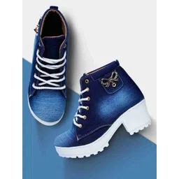 SHOE LAB Women Denim Embellished Block Heel Chunky Boots