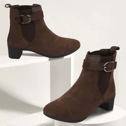 Flared Heel High Ankle Suede Leather Classic Winter Buckle Strap Chelsea Boots For Women