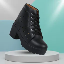 Laser-Cut Star Design Women's Heel Boots Synthetic Leather Lace-Up boots Boots For Women