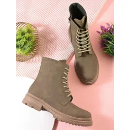 Women Olive Suede High Top Winter Round Toe Regular Blocked Heeled Chelsea Boot Boots For Women