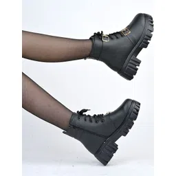 Shoetopia Women Solid Round Toe Buckle Detail Boots