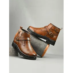 Men’s Burnished Leather Ankle Boots with Dual Buckle Straps Boots For Men