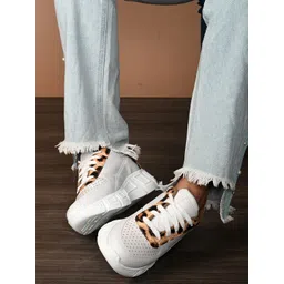 El Paso Women White & Brown Printed Lace -Up Synthetic Leather Sneakers