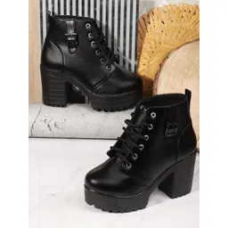 Kliev Paris Women Round Toe Block Heel Lace Up Chunky Boots