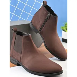HERE&NOW Men Brown Round Toe Mid Top PU Chelsea Boots