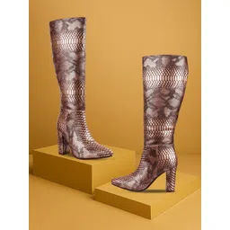 Bxxy Block Heel Snake-Pattern Knee Long Boots