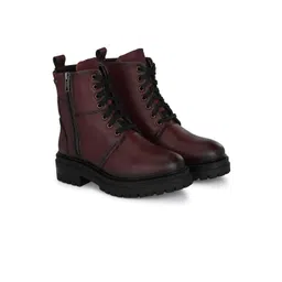 Delize Women Maroon Solid Casual Block-Heeled Biker Boots