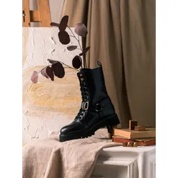 "Saint G Black Leather Lace Up Mid-Top Regular Block Heels Boots