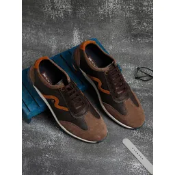 EZOK Men Brown Textured Leather Sneakers