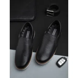 EZOK Men Black Textured Leather Slip-On Sneakers