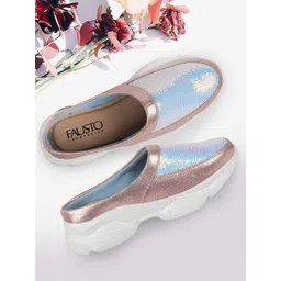 FAUSTO Women Pink Woven Design Slip-On Sneakers