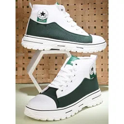 AMICO Men White & Green Colourblocked Lightweight Canvas Lace-Up Sneakers
