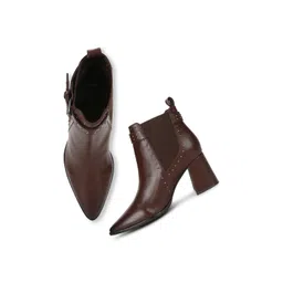 yoho Women Mid Top Embellished Pointed Toe Block Heel Chelsea Boots With Buckle Detail