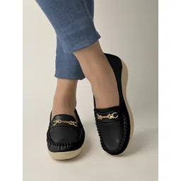 Stylish Comfortable Upper Metalic Buckle Detailed Black Loafers For Girls Loafers For Women