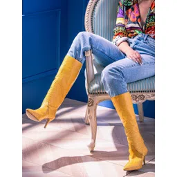 Saint G Women Yellow Solid Leather Casual Long Winter Boots