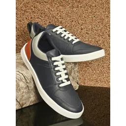 The Roadster Lifestyle Co Men Navy Blue Textured Lightweight Faux Leather Sneakers