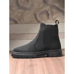 Roadster Men Black Self Design Round Toe Slip On Block Boots