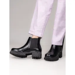 Roadster Women Black Round Toe Solid Slip-On Synthetic Casual Chelsea Boots