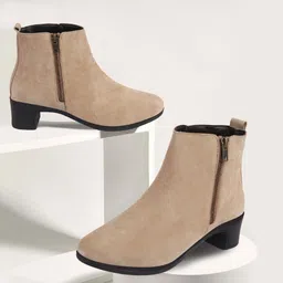 Flared Heel Mid Top Suede Leather Zipper Closure Winter Chelsea Boots For Women