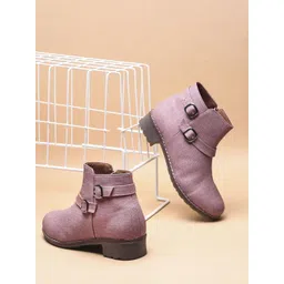 Try Me Women Textured Dual Buckle Straps Block-Heeled Regular Boots