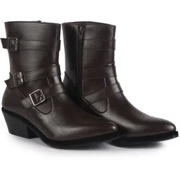 High Ankle Flared Heel Buckle Strap Zipper Closure Boots for Winter|Dress Boot Boots For Women