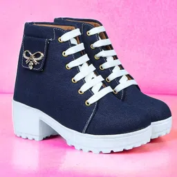 Women's Denim Heel Boots with Bow Buckle Lace-Up Boots for Casual Elegance Boots For Women