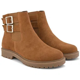 Women leatherette versatile casual high top chelsea heeled boots with buckel Boots For Women