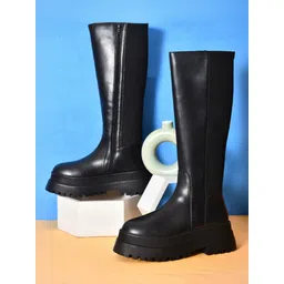Women's Knee-High Black Leather Platform Boots with Chunky Lug Sole Boots For Women