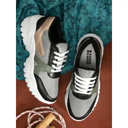 HERE&NOW Women Cream-Coloured & Olive Green Colourblocked PU Sneakers